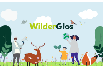 Wilderglos new  - graphics of a deer, two adult humans one child, a fox, wildflowers across a green solid box and two trees on both edges of the image. Clouds and bees dot the top of the page infront of a light blue background. 