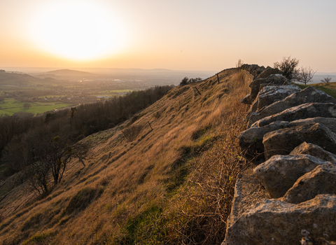 The view from Crickley Hill with Cotswold stone walling