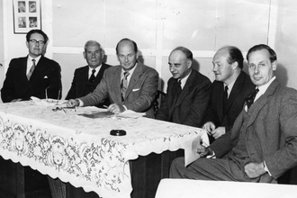 From left to right: Mr. John Pontin, Lord Hurcomb, Mr. Peter Scott, Mr. E. M. Nicholson, Mr. J. H. Hemsley and Mr. J. C. Cadbury