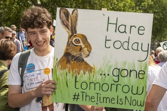 Young person holding up sign during protest that reads'Hare today...gone tomorrow #Timeisnow