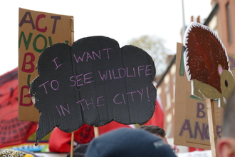 Signs saying "I want to see wildlife in the city" at a climate change march