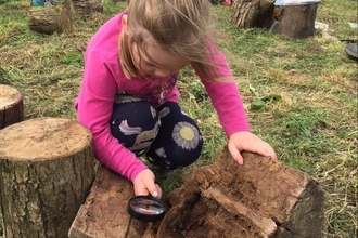 child looking for bugs with a magnifying glass