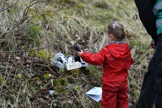 In nature reserve. Child looking at cuddly toy badgers in a tray with a wooden sign saying 'sett'.