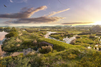 A computer generated image of flat wetlands as predicted to be in 2045 in the Severn Vale