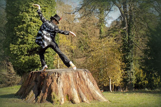 A woman dancing on a tree stump