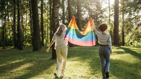 Two people walk through a forest holding a rainbow flag between them.