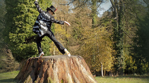 A woman dancing on a tree stump