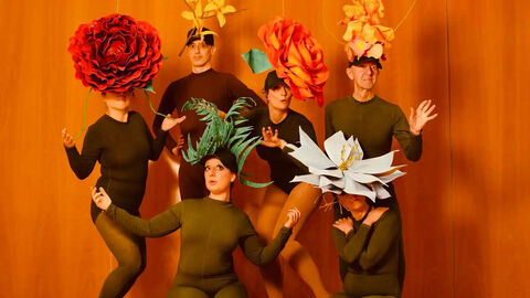A group of 6 people in dark green leotards with large flower head pieces