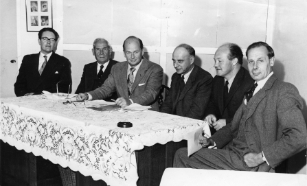 From left to right: Mr. John Pontin, Lord Hurcomb, Mr. Peter Scott, Mr. E. M. Nicholson, Mr. J. H. Hemsley and Mr. J. C. Cadbury