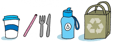 cartoon/graphic drawings of Coffee cup, straw, knife and fork, reusable bottle, bag for life