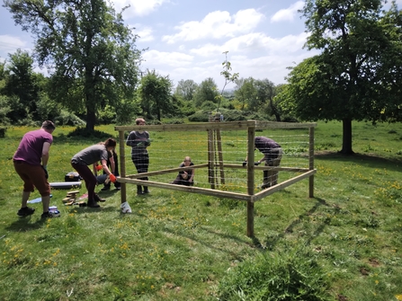 Volunteers building guards for newly planted fruit trees in Pockett’s Orchard