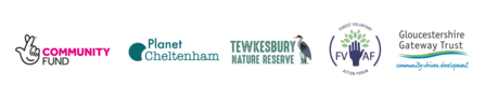 Logos for the National Lottery Community Fund Grant. This project is partnered with Tewkesbury Nature Reserve, Forest Voluntary Action Forum, Planet Cheltenham and Gloucestershire Gateway Trust.