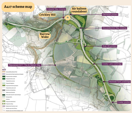 A map of the A417 road scheme with labels showing where Crickley Hill and Barrow Wake nature reserves are.