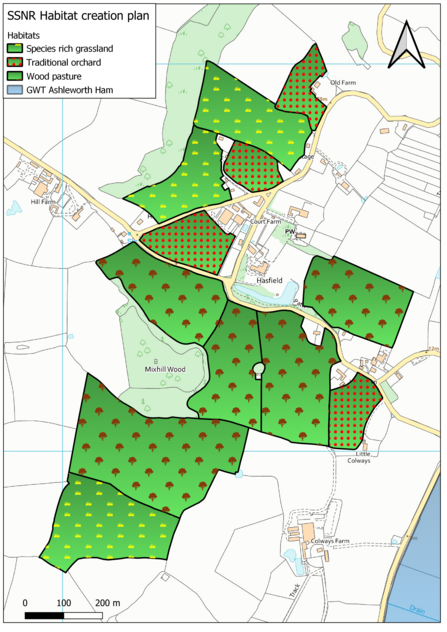 SSNR habitat creation plan map, showing Hasfield Estate with areas mapped for species rich grassland, traditional orchard, and wood pasture