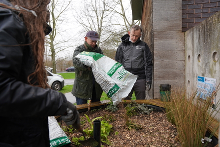 Two men stand looking at the rain garden, one of them is tipping a bag of bark into the rain garden