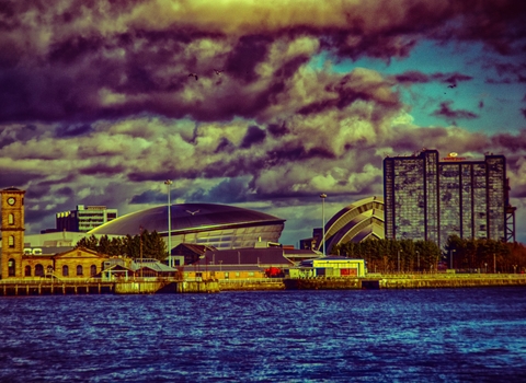 Picture of Glasgow at sunset showing the SEE hydro