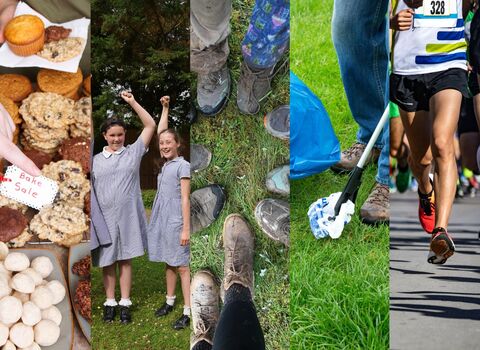 Five images, including a bake sale, happy children with their hands in the air, muddy boots, a litter pick, and a runner