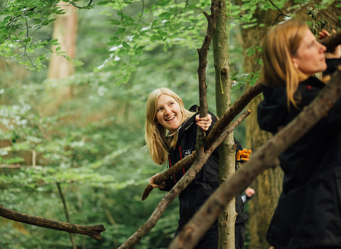 Two women working in a woodland, lifting branches